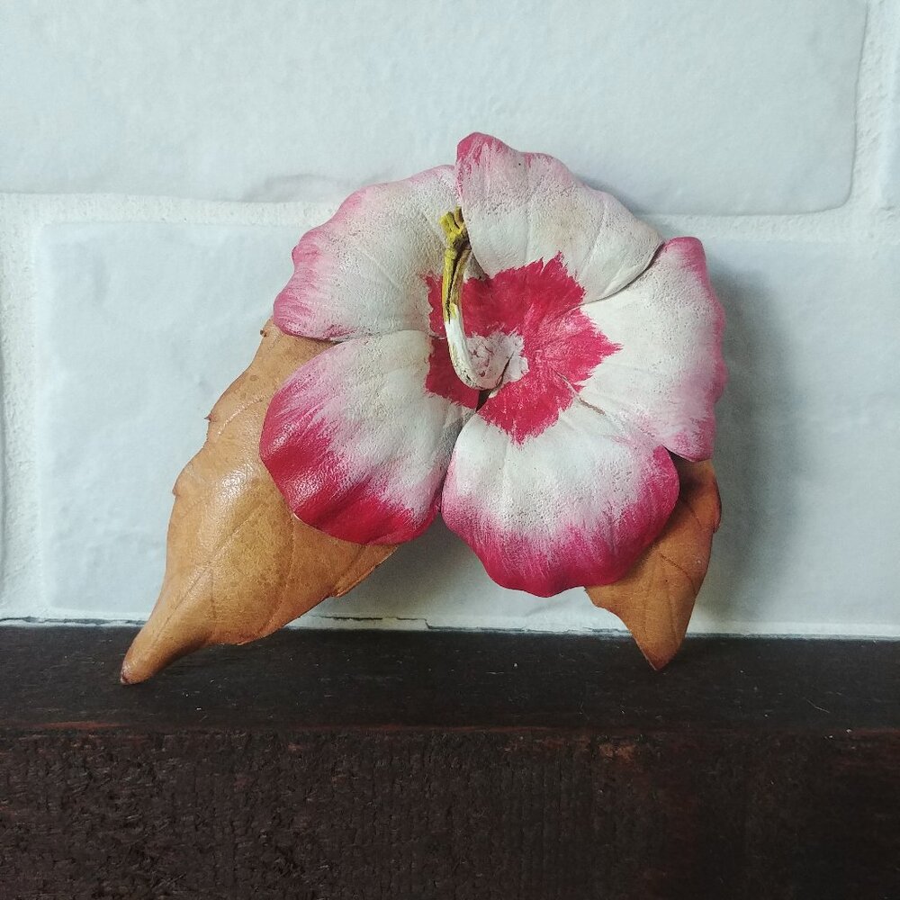 Handpainted leather brooch pin white pink hibiscus flower